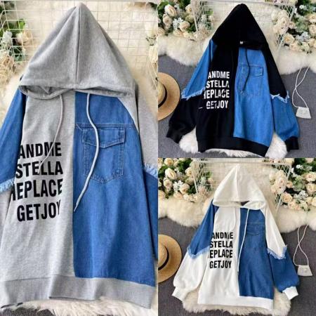 FA49279# 日韩新款潮流个性拼接假两件连帽卫衣 服裝批發女裝批發服飾貨源