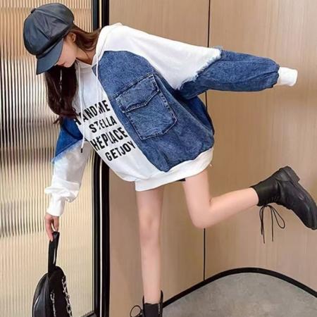 FA49279# 日韩新款潮流个性拼接假两件连帽卫衣 服裝批發女裝批發服飾貨源