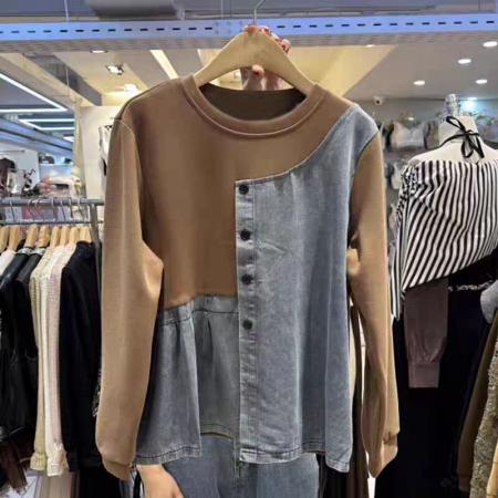 FA49280# 韩国东大门秋装新款女装圆领时尚撞色牛仔拼接百搭卫衣长袖 服裝批發女裝批發服飾貨源