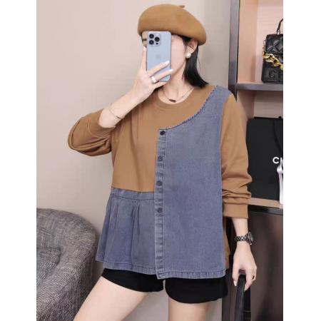 FA49280# 韩国东大门秋装新款女装圆领时尚撞色牛仔拼接百搭卫衣长袖 服裝批發女裝批發服飾貨源