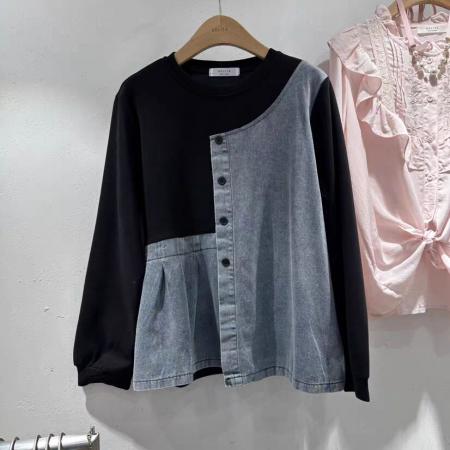 FA49280# 韩国东大门秋装新款女装圆领时尚撞色牛仔拼接百搭卫衣长袖 服裝批發女裝批發服飾貨源