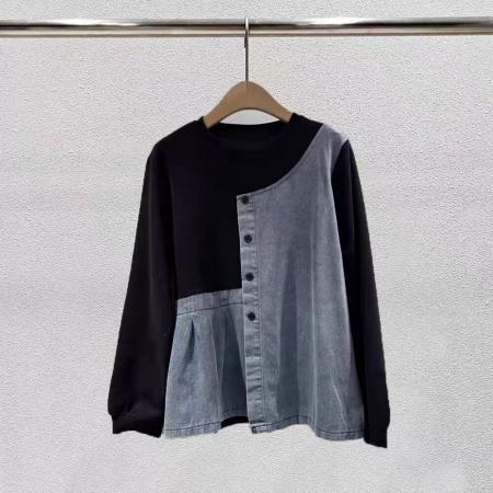FA49280# 韩国东大门秋装新款女装圆领时尚撞色牛仔拼接百搭卫衣长袖 服裝批發女裝批發服飾貨源