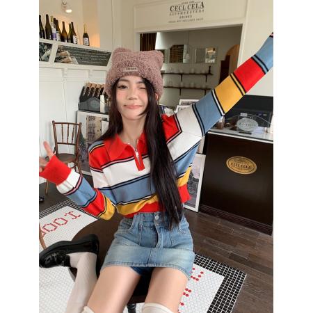 FA49281# 拼色条纹polo领长袖针织衫 服裝批發女裝批發服飾貨源