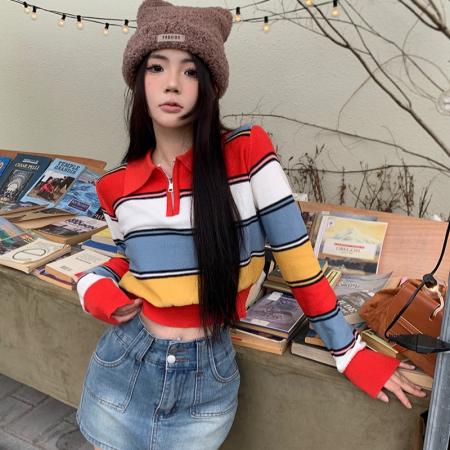 FA49281# 拼色条纹polo领长袖针织衫 服裝批發女裝批發服飾貨源