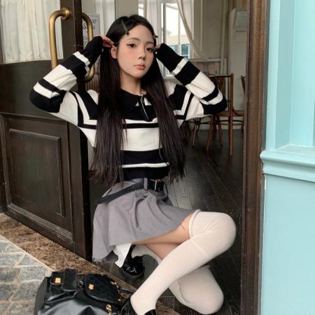 FA49281# 拼色条纹polo领长袖针织衫 服裝批發女裝批發服飾貨源