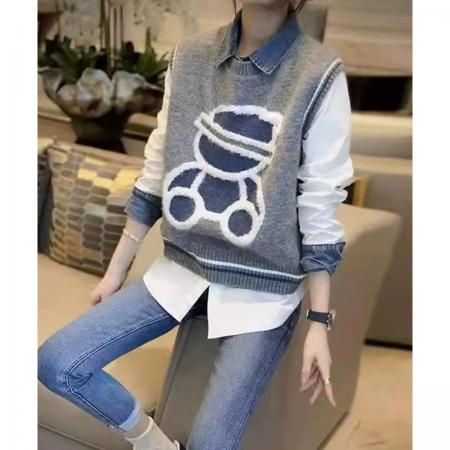 FA49282# 小熊针织马甲衬衫两件套女时尚休闲减龄套装秋冬新款欧洲站 服裝批發女裝批發服飾貨源