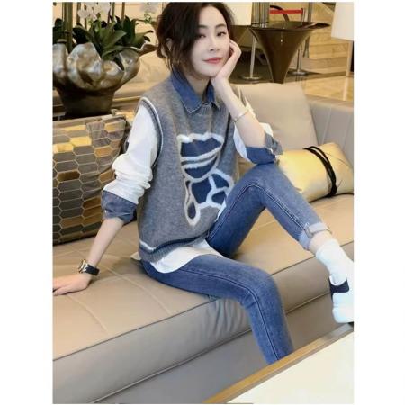 FA49282# 小熊针织马甲衬衫两件套女时尚休闲减龄套装秋冬新款欧洲站 服裝批發女裝批發服飾貨源