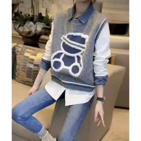 FA49282# 小熊针织马甲衬衫两件套女时尚休闲减龄套装秋冬新款欧洲站 服裝批發女裝批發服飾貨源