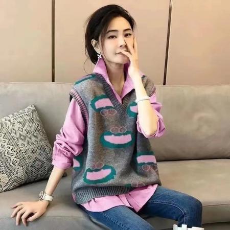 FA49283# 欧洲站针织毛衣马甲衬衫两件套女休闲叠穿套装时尚显瘦气质上衣秋 服裝批發女裝批發服飾貨源