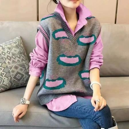 FA49283# 欧洲站针织毛衣马甲衬衫两件套女休闲叠穿套装时尚显瘦气质上衣秋 服裝批發女裝批發服飾貨源