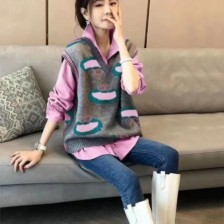 FA49283# 欧洲站针织毛衣马甲衬衫两件套女休闲叠穿套装时尚显瘦气质上衣秋 服裝批發女裝批發服飾貨源