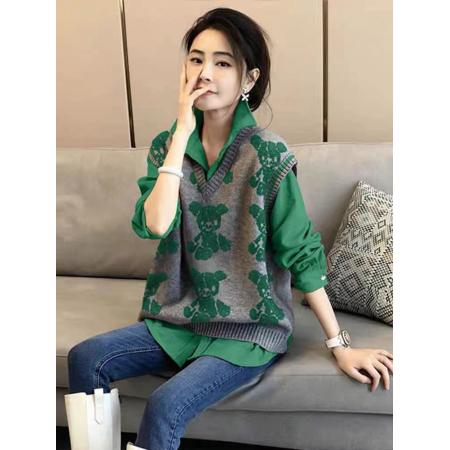 FA49284# 绿色针织马甲长袖衬衫两件套装女时尚洋气秋季新款欧洲站潮 服裝批發女裝批發服飾貨源