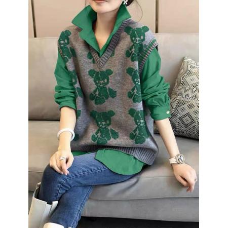 FA49284# 绿色针织马甲长袖衬衫两件套装女时尚洋气秋季新款欧洲站潮 服裝批發女裝批發服飾貨源
