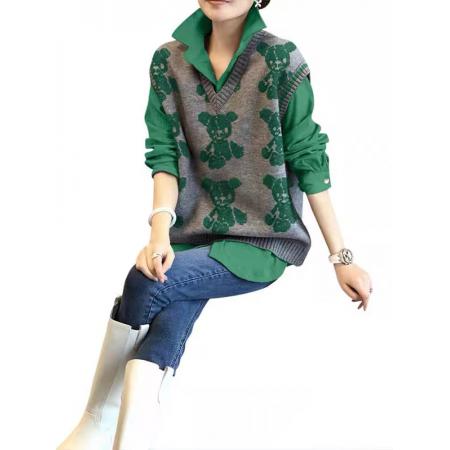 FA49284# 绿色针织马甲长袖衬衫两件套装女时尚洋气秋季新款欧洲站潮 服裝批發女裝批發服飾貨源