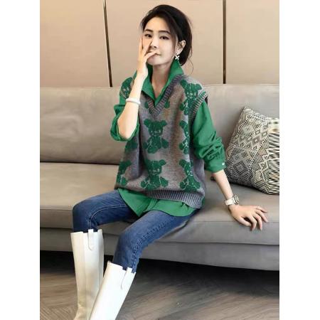 FA49284# 绿色针织马甲长袖衬衫两件套装女时尚洋气秋季新款欧洲站潮 服裝批發女裝批發服飾貨源