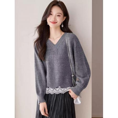 FA49286# V领蕾丝拼接灰色毛衣女秋冬新款慵懒高级感套头好看针织上衣 服裝批發女裝批發服飾貨源