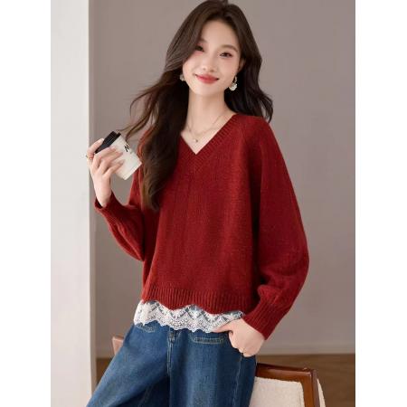 FA49286# V领蕾丝拼接灰色毛衣女秋冬新款慵懒高级感套头好看针织上衣 服裝批發女裝批發服飾貨源