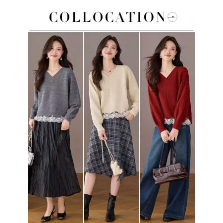 FA49286# V领蕾丝拼接灰色毛衣女秋冬新款慵懒高级感套头好看针织上衣 服裝批發女裝批發服飾貨源