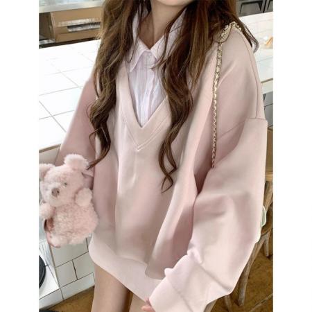 FA49287# 新款纯棉华棉薄款/加绒假两件POLO领卫衣 服裝批發女裝批發服飾貨源