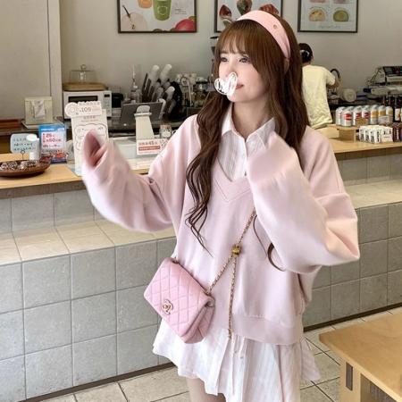 FA49287# 新款纯棉华棉薄款/加绒假两件POLO领卫衣 服裝批發女裝批發服飾貨源