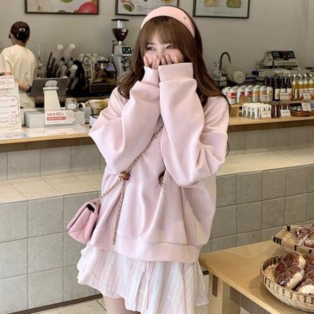 FA49287# 新款纯棉华棉薄款/加绒假两件POLO领卫衣 服裝批發女裝批發服飾貨源