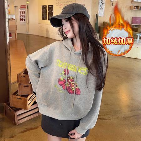 FA49288# 加绒卫衣女秋冬季新款短款潮设计感宽松卡通印花连帽保暖上衣 服裝批發女裝批發服飾貨源