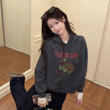 FA49288# 加绒卫衣女秋冬季新款短款潮设计感宽松卡通印花连帽保暖上衣 服裝批發女裝批發服飾貨源