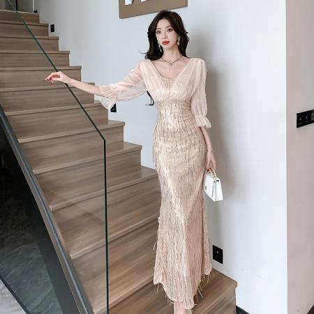 FA49291# 重工钉珠贵夫人亮片晚礼服高端气质感轻奢长连衣裙女