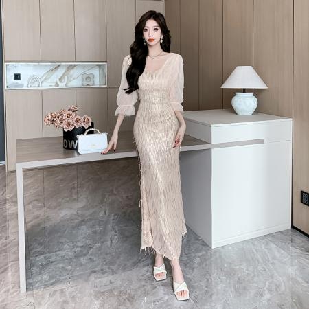 FA49291# 重工钉珠贵夫人亮片晚礼服高端气质感轻奢长连衣裙女