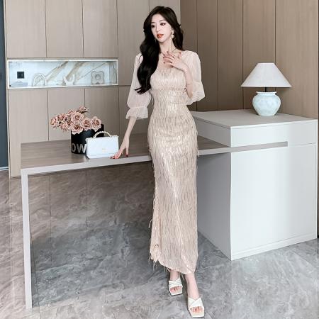 FA49291# 重工钉珠贵夫人亮片晚礼服高端气质感轻奢长连衣裙女