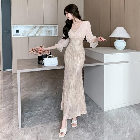 FA49291# 重工钉珠贵夫人亮片晚礼服高端气质感轻奢长连衣裙女