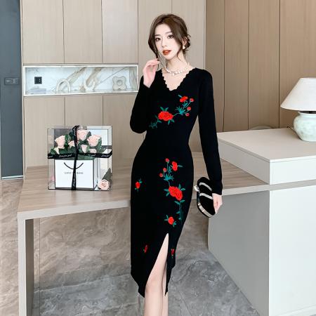 FA49292# 设计感气质收腰显瘦高级女人味优雅时尚刺绣连衣裙女
