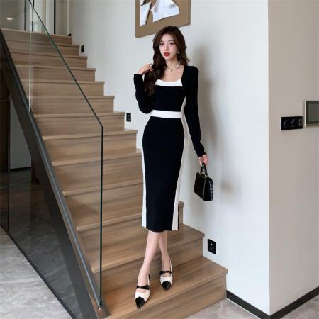 FA49294# 气质收腰显瘦撞色长袖穿搭包臀连衣裙女