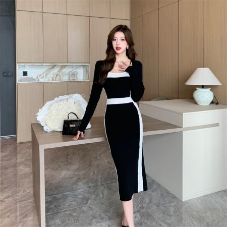 FA49294# 气质收腰显瘦撞色长袖穿搭包臀连衣裙女