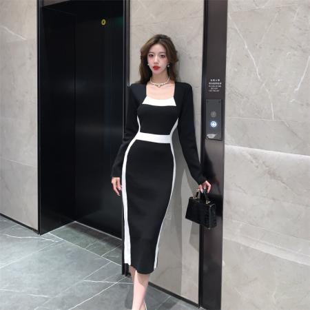 FA49294# 气质收腰显瘦撞色长袖穿搭包臀连衣裙女