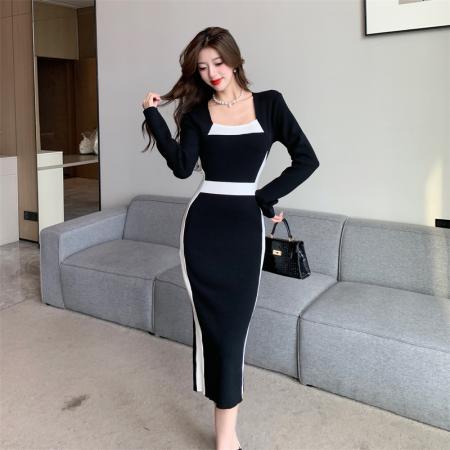 FA49294# 气质收腰显瘦撞色长袖穿搭包臀连衣裙女