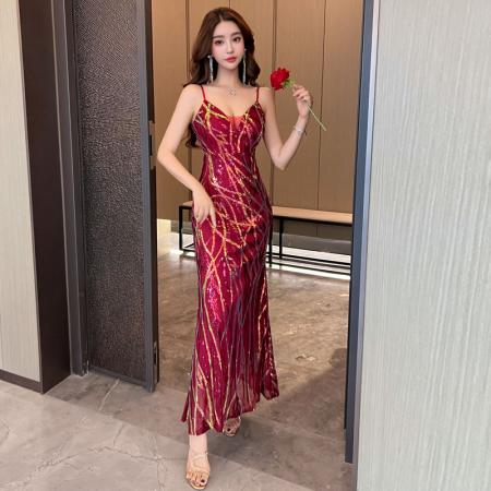 FA49298# 款气质名媛风亮片V领无袖连衣裙女宴会礼服裙