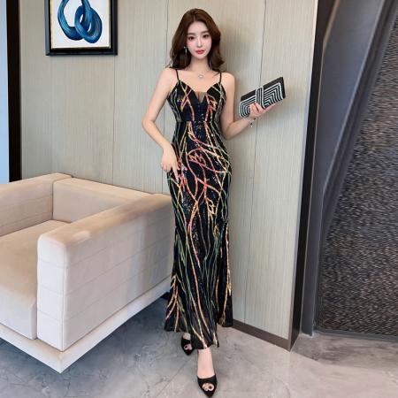 FA49298# 款气质名媛风亮片V领无袖连衣裙女宴会礼服裙