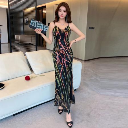 FA49298# 款气质名媛风亮片V领无袖连衣裙女宴会礼服裙