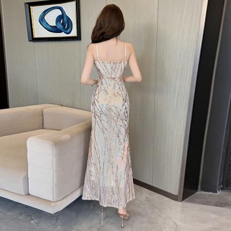 FA49298# 款气质名媛风亮片V领无袖连衣裙女宴会礼服裙