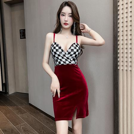 FA49304# 款性感低胸格子吊带金丝绒包臀吊带连衣裙