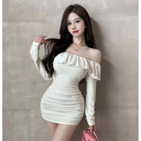 FA49310# 纯欲风新款辣妹性感一字领露肩荷叶边短裙紧身弹力长袖包臀连衣裙