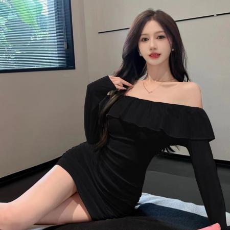 FA49310# 纯欲风新款辣妹性感一字领露肩荷叶边短裙紧身弹力长袖包臀连衣裙