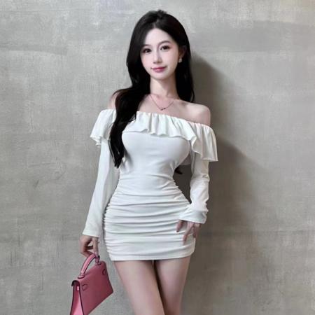 FA49310# 纯欲风新款辣妹性感一字领露肩荷叶边短裙紧身弹力长袖包臀连衣裙