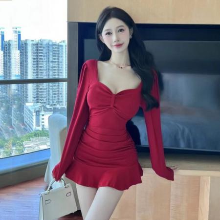 FA49311# 性感低胸V领长袖连衣裙女荷叶边紧身包臀短裙子