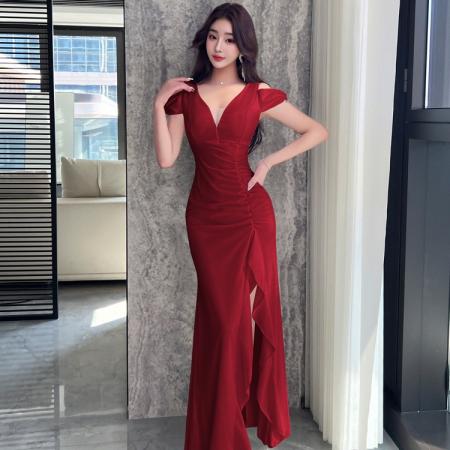 FA49315# 夜场性感显瘦遮肚气质名媛足疗技师工作服水疗会所露肩长款晚礼服