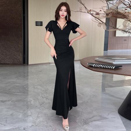 FA49317# 性感连衣裙夜场女装时尚足浴技师工作服收腰显瘦spa晚礼服长裙KTV