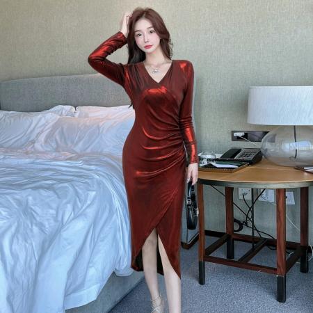 FA49319# V领长袖连衣裙女修身显瘦褶皱开叉中长款气质宴会裙