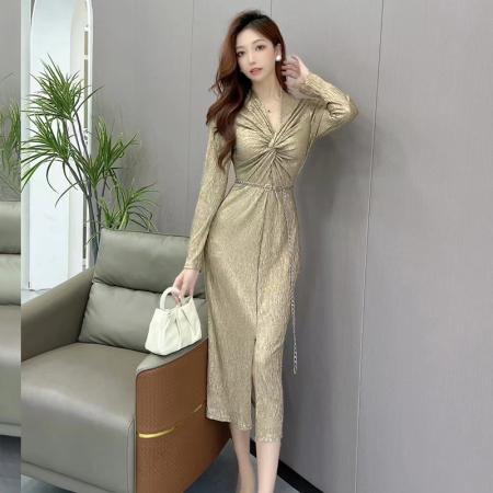 FA49320# 秋冬新款名媛气质性感修身包臀长袖打底开叉连衣裙