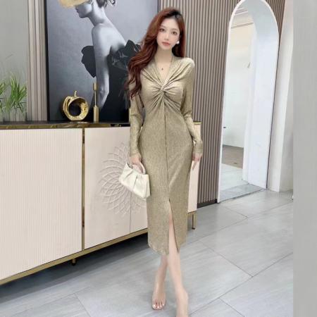 FA49320# 秋冬新款名媛气质性感修身包臀长袖打底开叉连衣裙